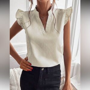 Khaki Striped Notched Neck Ruffle Sleeve Top